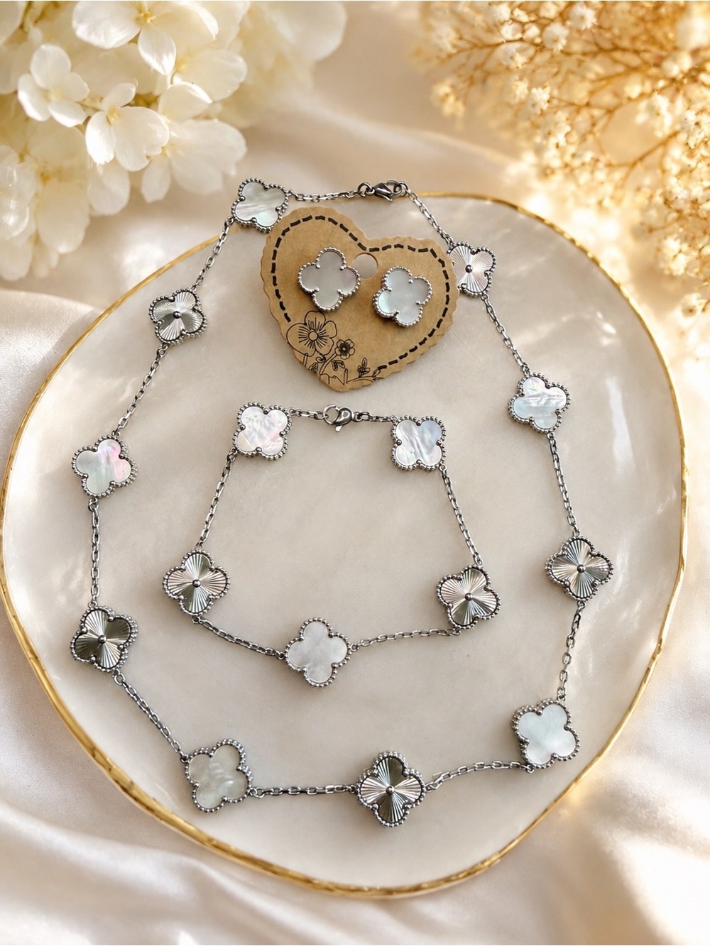 Clover Motif Mother of Pearl 3-pc Set – Necklace, Bracelet & Earrings - Silver